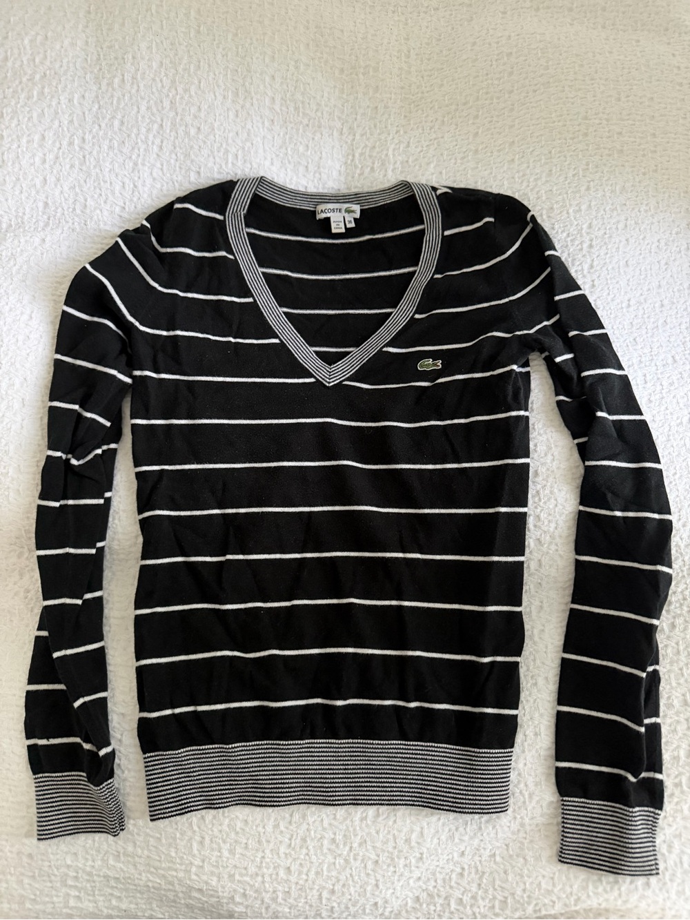 Lacoste Black & White Striped V-Neck Pullover